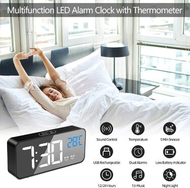 Цифровий годинник MOSUO з LED-дисплеєм, USB-зарядка, показник температури, голосове керування, 2 будильники, відкладений сигнал, регулювання яскравості та гучності (Чорний)