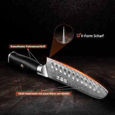 Ніж Kitory Damastmesser Pro 20см з лезом з 73 шарів дамаської сталі 10Cr15CoMoV, кухонний ніж Сантоку з ручкою з паккавуду