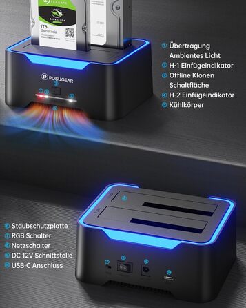 Док-станція для жорстких дисків POSUGEAR RGB USB 3.0 з підтримкою 2.5/3.5 SATA HDD/SSD, 2 відсіки, Offline Clone, UASP