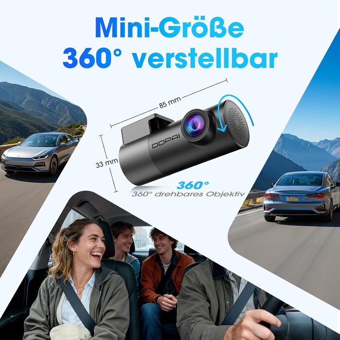 Автомобільний відеореєстратор DDPAI MINI Pro 4K 2160P з SD-картою 64ГБ, поворотна камера 360°, нічна зйомка, 24гд моніторинг паркування, WiFi 6, G-сенсор