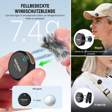 NEEWER CM29 Мініатюрний бездротовий мікрофон-петличка, 48kHz/24Bit з шумозаглушенням, 25 годин роботи, 150м радіус дії, сумісний з iPhone, iPad, Android, DJI, Insta360, ПК, Mac (1RX+2TX+зарядний кейс)