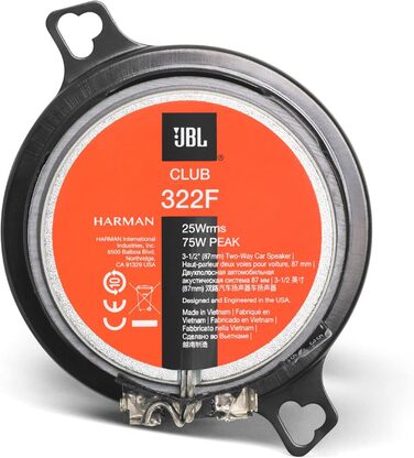 Автомобільна акустика JBL Club 322F 2-смугова, 75 Вт, 87 мм, чорна, Harman Kardon