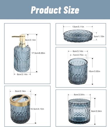 Набір аксесуарів для ванної кімнати Qivine 5 шт., блакитний: стакан для зубної пасти, дозатор мила, контейнер для ватних паличок. Сучасний набір скляних аксесуарів для ванної кімнати