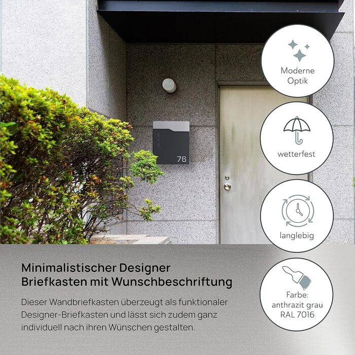Поштовий ящик антрацит RAL 7016 Svenja з написом та газетницею - сталевий порошково-пофарбований, з 3 вікнами огляду