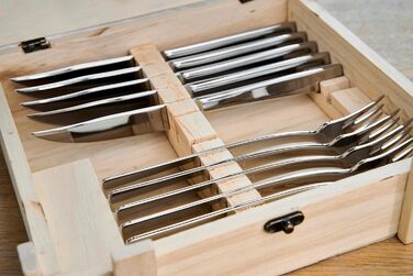 ZWILLING Steak Knife Set for 6 People, 12-Piece, 6 Steak Knives and 6 Steak Forks, Includes Wooden Storage Box, Stainless Steel / Wood, Silver