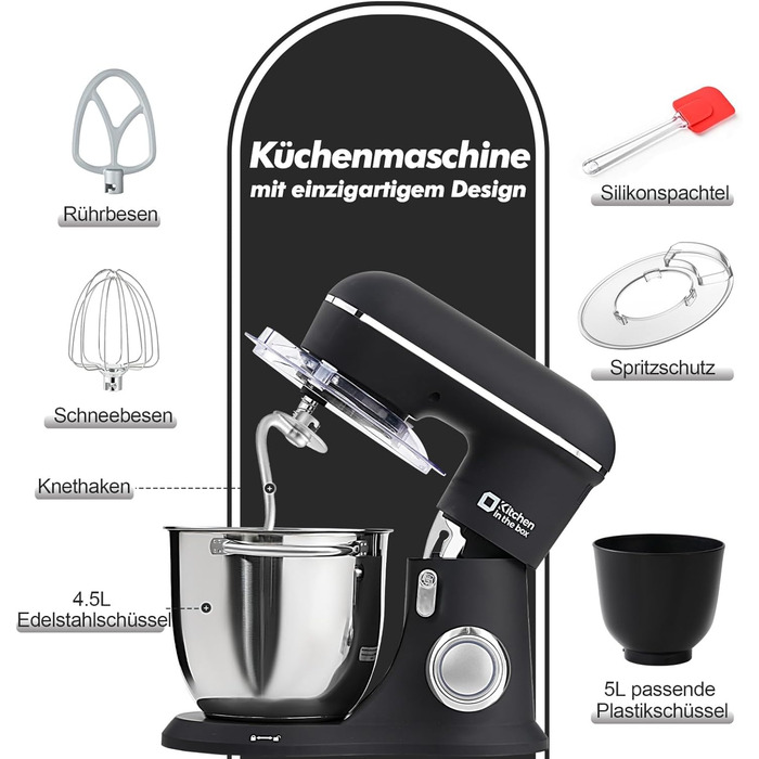 Кухонний комбайн Kitchen in the box, планетарний міксер з чашами 4,5 л та 5 л, 1300 Вт, 10+ швидкостей, з насадками (гак, міксер, вінчик), чорний
