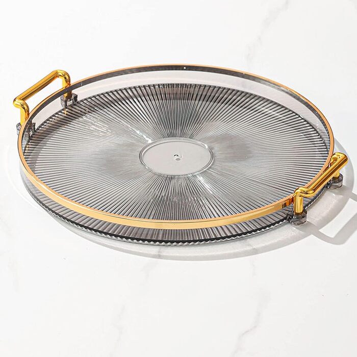 Round Serving Tray with Acrylic Handles, Golden Decorative Tray, Serving Tray for Coffee Table, Centerpiece, Kitchen, Large Metal Tray, Round Tray, Decorative Tray, Decorative Plate, Smoke Gray
