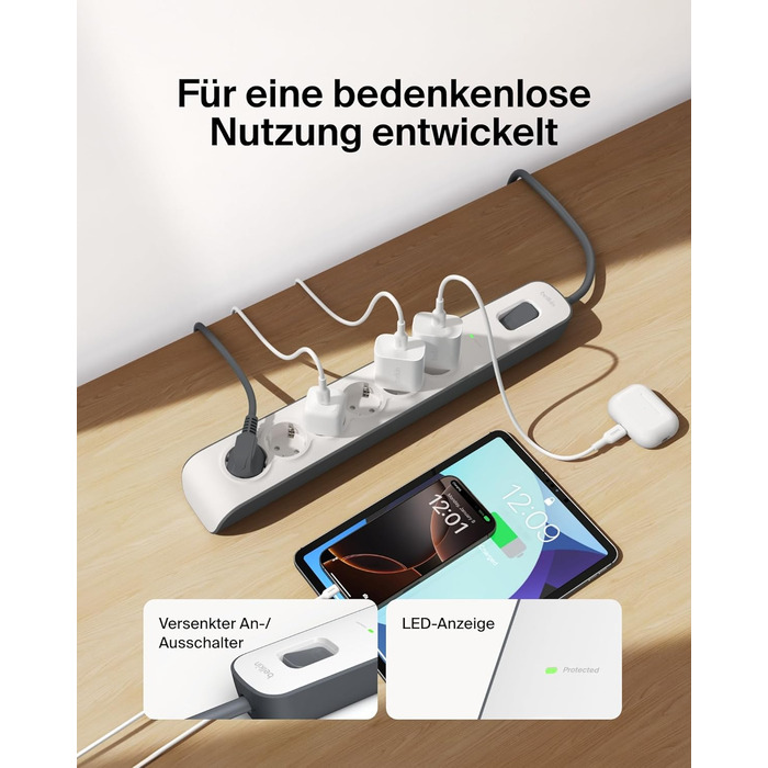 Захисна мережева стрічка Belkin 6-fach з USB, 6 розеток, 650 Дж, 2 м, для дому та офісу