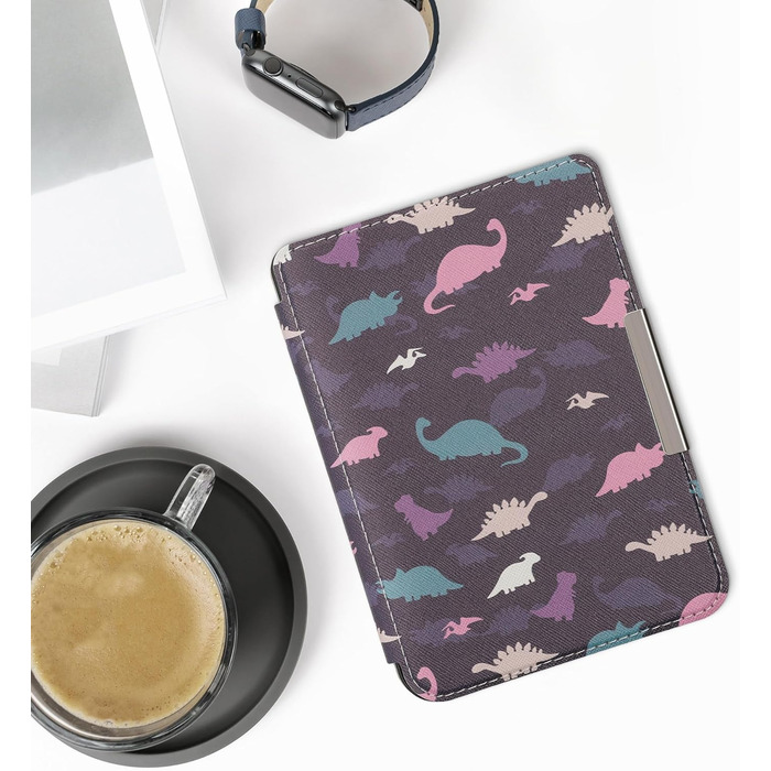 Чохол-книжка kwmobile для Kobo Clara 2E / Tolino Shine 4 - з візерунком єгипетських ієрогліфів, золото-чорний (різнобарвні динозаври, фіолетовий, жовтий, блакитний)