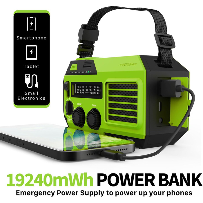 Радіоприймач FosPower NOAA/AM/FM з Power Bank 19240 мАг (5200 мАг) – сонячна/USB зарядка, ручний генератор, SOS-сигнал, ліхтарик, зелений