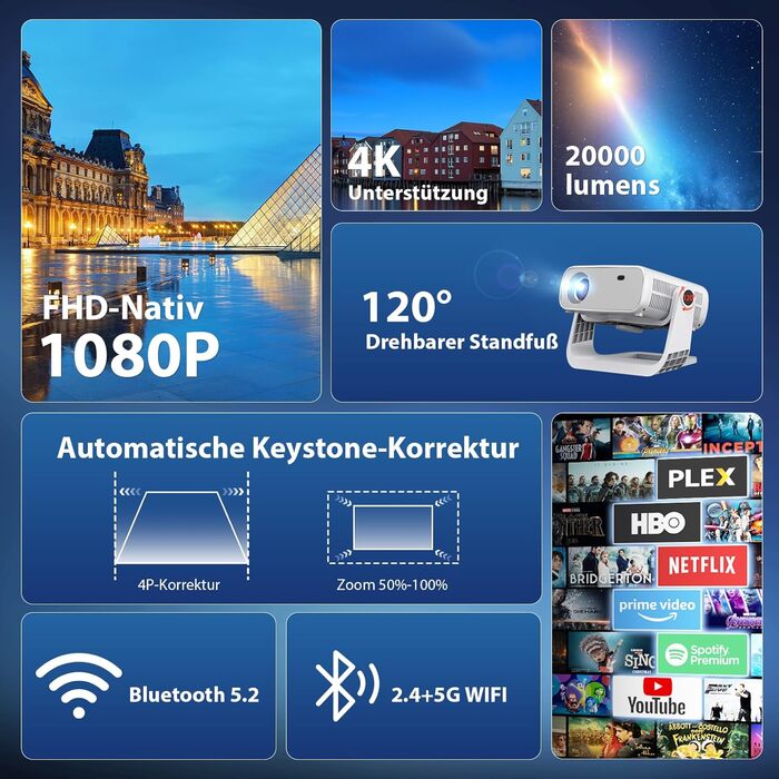Wielio 2025 Smart Beamer: Android 11, 1080P (4K), WiFi 6, Bluetooth 5.2, 20000 Lumens, для дому, сумісний з iOS/Android/PS5