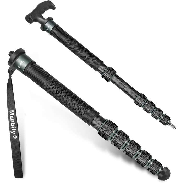 Монопод Manbily 32мм для камери: карбонове тренога, 44-174см, 6 секцій, з ручкою-ходунком, для DSLR, відеокамери, з кліпсою для телефону, сірий