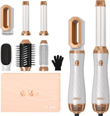 UKLISS 6-в-1 Стайлер для волосся з феном Pro, Набір для укладання волосся: плойка, випрямляч, фен, щітка для укладання, автоматична завивка, іонізація, Airbrush, подарунковий набір для жінок, блакитний (золотий)