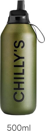 Chilly's Series 2 Flip Bottle - Thermos Flask with Sport Cap, Telescopic Straw, and Nylon Carry Loop - Stainless Steel Bottle with Easy Flip Opening, Includes Straw Cleaning Brush (Ombre - Moss, 500 ml)