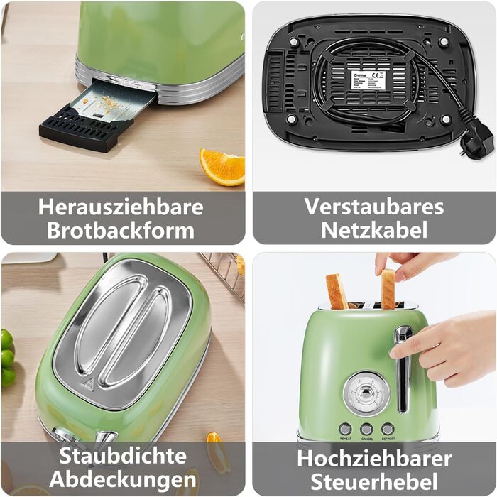 Електричний чайник та тостер-сет Retro з нержавіючої сталі, 2200 Вт, 1.8 л, для чаю, кави, дитячого харчування, без BPA, зелений