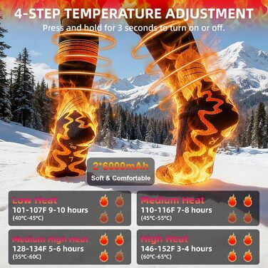 Електричні гріючі шкарпетки з акумулятором 6000mAh та керуванням через додаток, 4 режими нагріву, для чоловіків та жінок, для активного відпочинку: катання на лижах, кемпінг, піші прогулянки, м'які та зручні