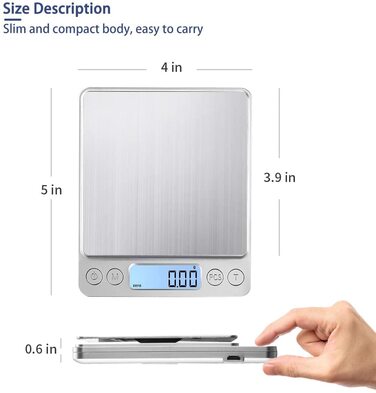 Кухонні ваги 3000г з LCD-дисплеєм та функцією тарування, для їжі та ювелірних виробів, з нержавіючої сталі