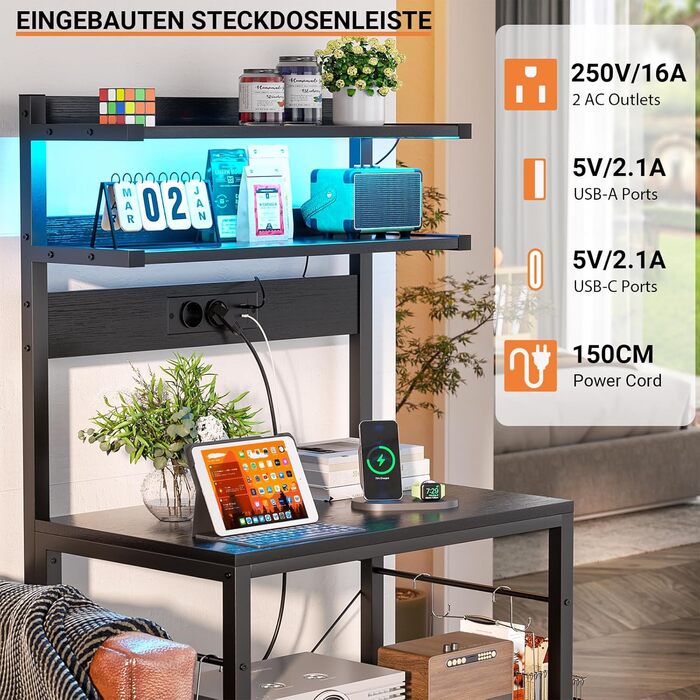 Кухонна полиця-стійка з розеткою, підставка для мікрохвильовки, 5-ярусна кавобар з LED-підсвічуванням, полиця для спецій, каструль та сковорідки (60 см, чорний)