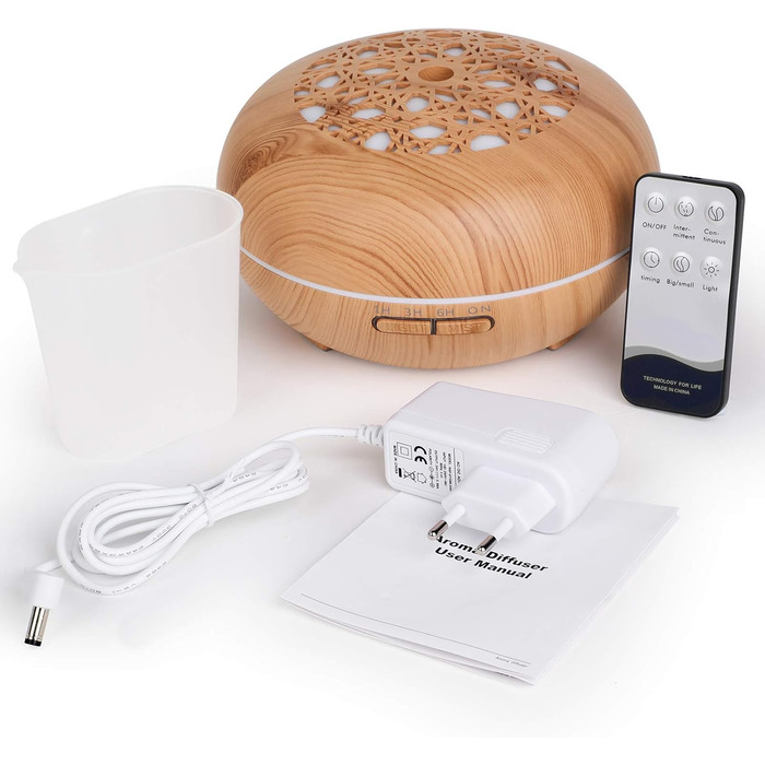 Аромадифузор WD&CD 550 мл з пультом, ультразвуковий зволожувач повітря, дифузор для ефірних олій з 7 кольорами LED, автоматичне відключення, білий (з імітацією текстури дерева)