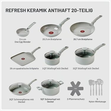 Набір керамічного посуду T-fal Refresh Antihaft, 20 предметів, Moon Grey: каструлі, сковорідки, гриль-сковорода, сотейник, кокотниця та кухонне приладдя, термостійкий до 100°C