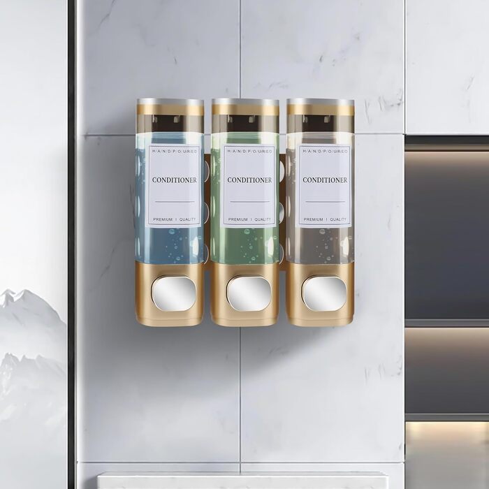 Настінний диспенсер для мила, гелю для душу та миття рук, 3 камери, ABS пластик, без свердління, для готелів та дому, 300 мл, золотий