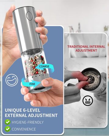 Електричні соляні та перечні млини CIRCLE JOY з нержавіючої сталі з підставкою, 95 мл, біле LED-підсвічування, регульована ступінь помелу, срібний колір