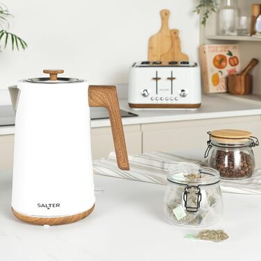 Електричний чайник Salter Toronto 1,7L з функцією швидкого кип'ятіння, 360° обертання, фільтром від накипу, дерев'яним дизайном, бездротовим підключенням, захистом від сухого кип'ятіння та автоматичним вимкненням. Otter-контролер, білий колір.