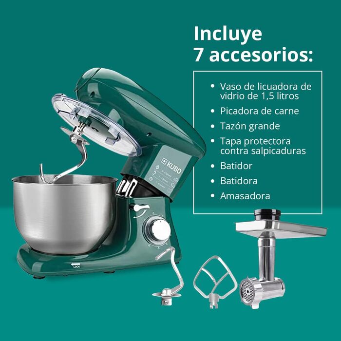 Kubo Food Processor - 7 Accessories: Mixing Bowl, Meat Grinder, Large Bowl, Protective Lid, Whisk, Mixer, and Dough Hook - Color: Green - Capacity: 6 Liters