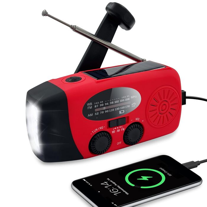 Сонячна радіостанція з ручним заводом 2000mAh, AM/FM/NOAA, USB-зарядка, заряд для телефону, SOS-сигнал, LED-ліхтарик для кемпінгу та походів (Червоний)