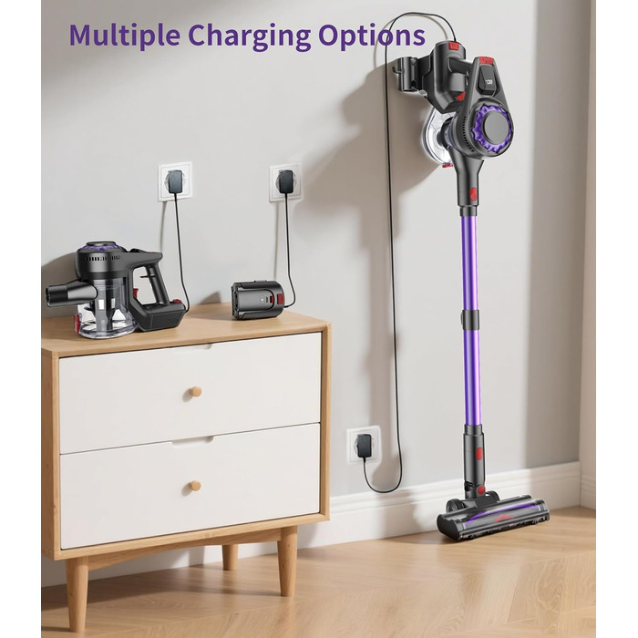 Бездротовий акумуляторний пилосос 450W, 40KPa, без мішка з HEPA-фільтром та LED-дисплеєм, антизаплутана щітка, самостійна підставка з кріпленням на стіну, час роботи 50 хв, для килимів, твердих підлог, шерсті тварин та авто