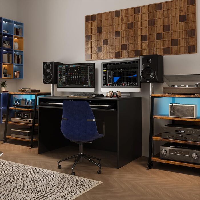 Hi-Fi тумба з колесами для програвача, з розетками, LED підсвіткою, дерев'яний медіа-стійка для аудіо, стерео, TV, 60x52x78 см