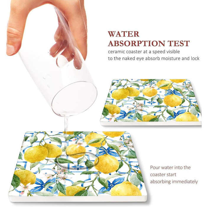 Coasters for drinks, 6 pieces, yellow lemon, fruit, blue ceramic tiles, pattern, absorbent, square, ceramic stone mat, with cork base and metal holder, housewarming gift