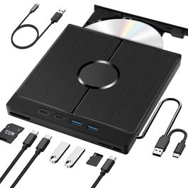 Зовнішній CD/DVD привід USB 3.0 Type-C з картридером SD/TF, портативний CD/DVD записувач для ноутбука, ПК, MacBook (Windows, macOS, Linux)