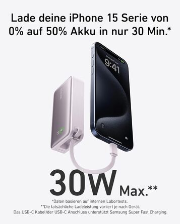 Powerbank Anker Nano 10000mAh з USB-C кабелем, 30W PD, USB-A, для iPhone, MacBook, Galaxy, iPad, AirPods (фіолетовий)