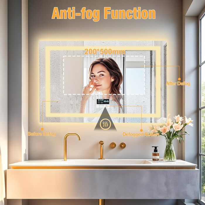 Дзеркало для ванної кімнати LUVODI з підсвічуванням Bluetooth: 100x70 см, годинник, температура, дата, антизапар, регулювання яскравості, 3 кольори світла, функція пам'яті, водонепроникне LED дзеркало для ванної кімнати