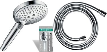 hansgrohe Raindance Select S - water-saving showerhead 9 l/min (EcoSmart), hand shower with 3 spray patterns, round shower head (⌀ 120 mm), water-saving showerhead with anti-limescale function, (water-saving showerhead (9 l/min) + hose, Chrome, water-saving showerhead (9 l/min) + hose)