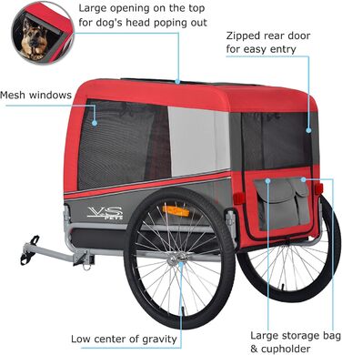 Причіп для собак Tiggo VS Pets L - великий, 270л, для собак до 35 кг, складаний, червоний