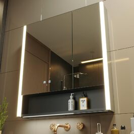 LED дзеркальна шафка у ванну кімнату KWW з підсвічуванням, регульованою температурою світла, антитуманним покриттям та USB-роз'ємами (2 дверцята, 80x70 см)