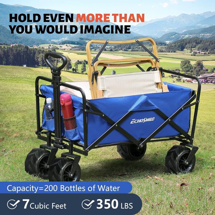 Візок-садок EchoSmile Bollerwagen 200л, 160кг, синій - складаний, з регульованою ручкою та бічними кишенями, для пляжу, саду, покупок