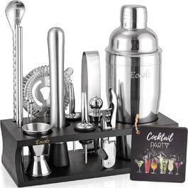 750ml Stainless Steel Cocktail Shaker Set with Bamboo Stand & Recipe Book - 17 Piece Bar Set for Bartenders, Gifts for Women (Black Silver)