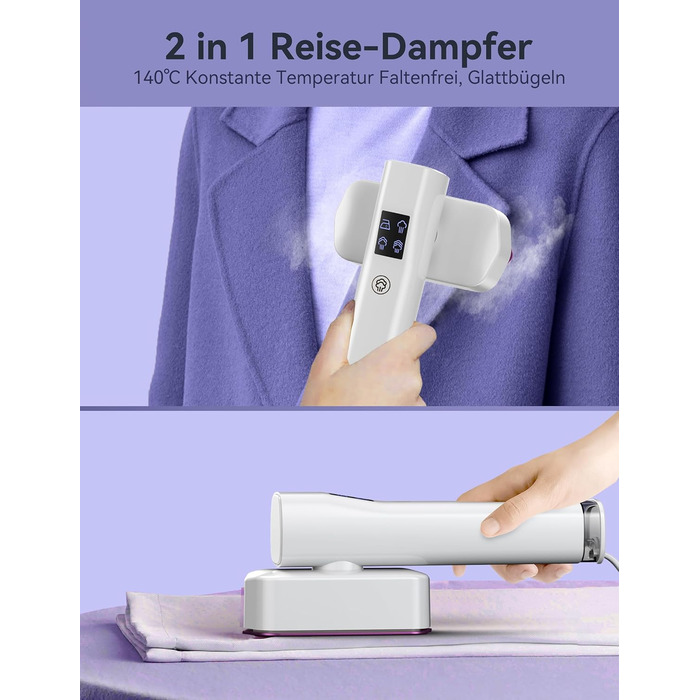 Sundu Паровий праска-випрямляч 2-в-1, туристична праска з LED дисплеєм, 4 режими, швидкий нагрів 15с, для одягу (білий)