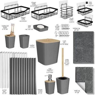 Набір аксесуарів для ванної кімнати: душова полиця, органайзер, зелений душовий завіс, WC-щітка, смітник, дозатор мила (27 предметів, сірий килимок)