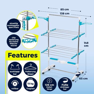 Електричний сушильний стійка EASYmaxx 900 з роликами, 9м довжини сушіння та 2 ярусами | Турбо стійка для білизни з бічними крилами та технологією повітряного потоку | 138x65x148 см