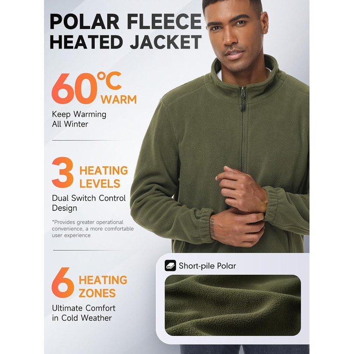 Обогрівальний жилет LABEWVI з акумулятором 10000mAh, чоловічий/жіночий, фліс Polar, USB, зелений