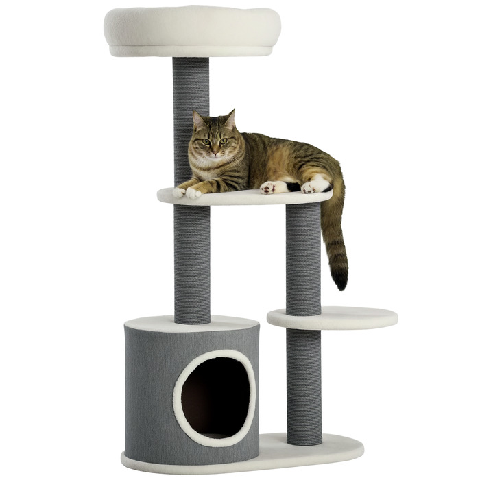 PawHut Драбина для котів з 1 котячою печерою, 1 ліжком для котів, 2 платформами, стовпчиками з джгутового мотузка, білий + сірий