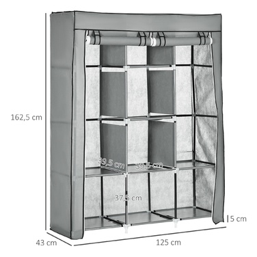 HOMCOM Fabric Closet with Hanging Rod, Folding Wardrobe 8 Tiers, Light Grey for Bedroom & Hallway