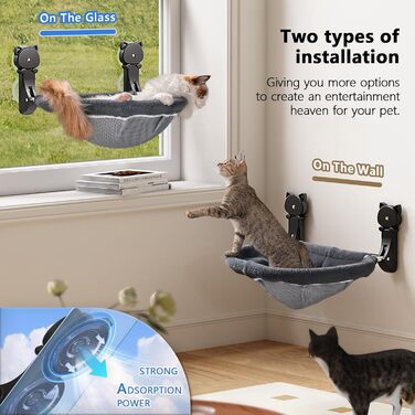 Window perch for cats, foldable & stable cat beds - breathable cat window hammock for monitoring, sunbathing, and climbing - holds up to 18kg max (faux fur rabbit, gray)