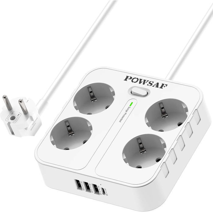 Розподільник розеток POWSAF з 4 розетками та 4 USB-портами для зарядки, для кріплення на стіну, для дому та офісу, білий