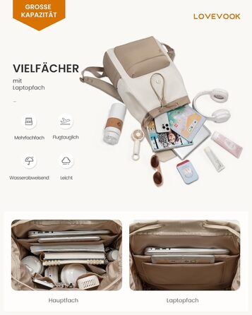 LOVEVOOK Рюкзак для жінок, 17.3 дюйми, рюкзак для ноутбука, підлітки, водонепроникний, дівчатка, легкий, для школи, університету, подорожей, роботи, з відділенням для ноутбука, жіночий, повсякденний, (M-15.6 дюйми, Бежевий+хакі)