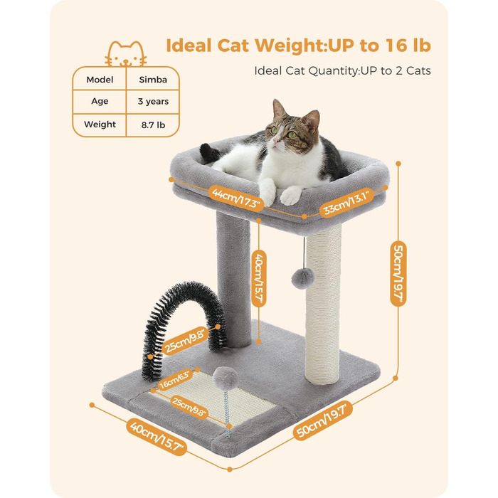 PETEPELA Small Scratching Post 51cm with Sisal Scratching Column, Scratching Board, Scratching Pad, Play Ball, Plush Cave for Kittens, Grey